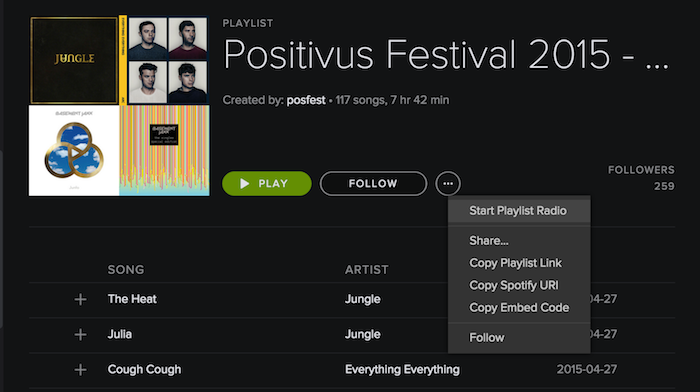 В Spotifyst вы найдете и плейлист с Positivus этого года. Источник: скриншот приложения Spotify