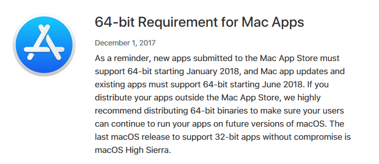 Apple напоминает, что на macOS High Sierra поддержка 32-битных приложений закончится