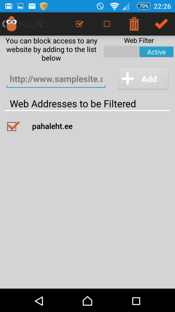 "Web filter" piirab ligipääsu ebasobivatele veebilehtedele. Allikas: KuuKla rakendus