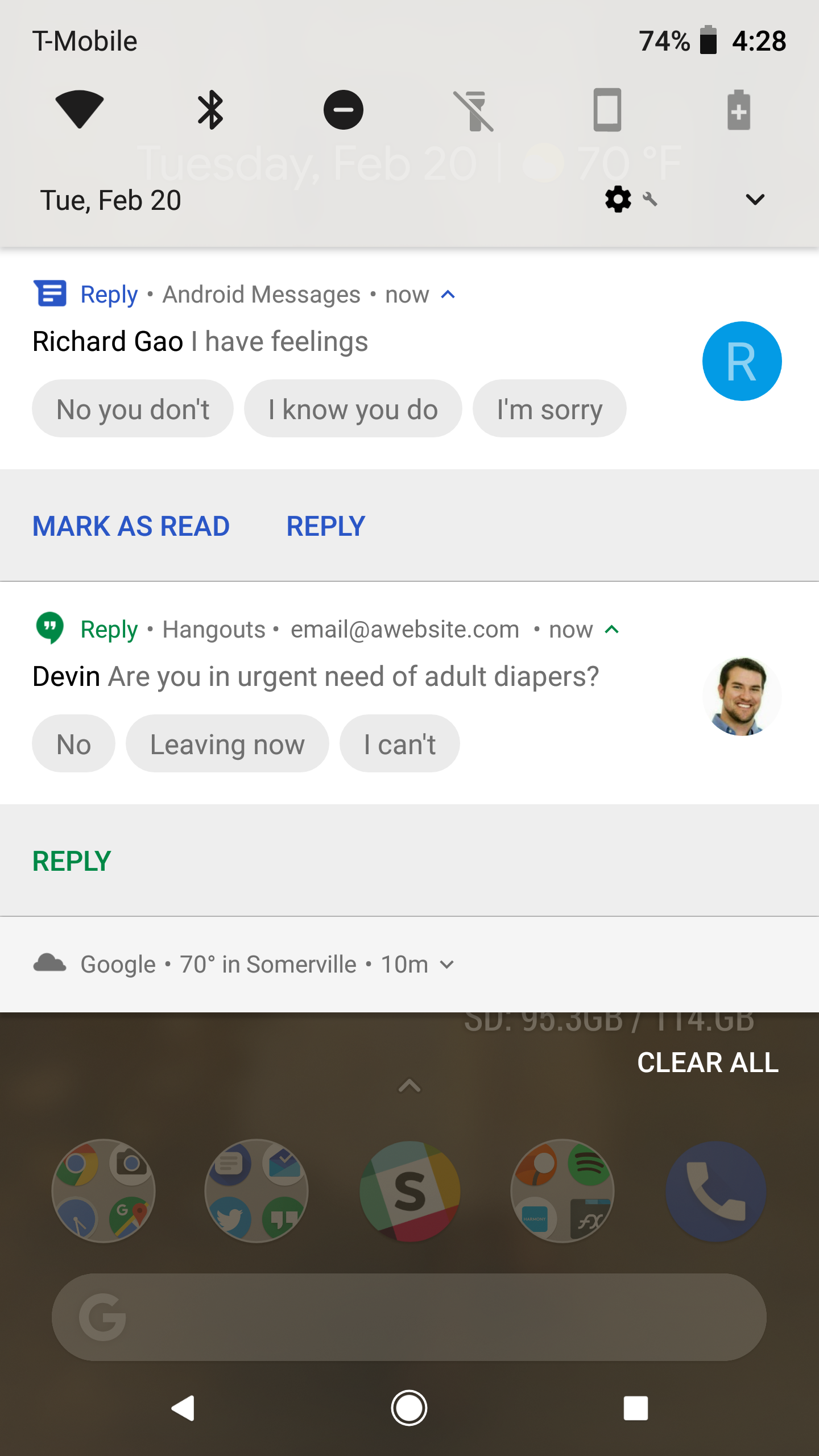 Короткие ответы на поступившие сообщения, генерируемые приложением Reply. Источник - Android Police