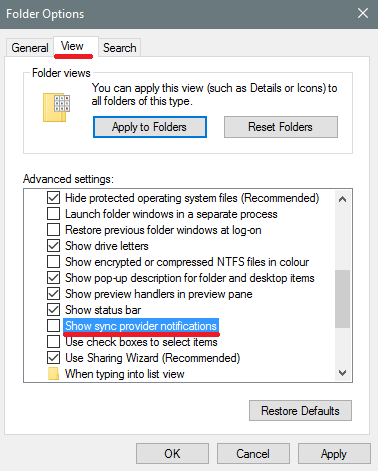 Введите в поисковике меню "Пуск": "File Explorer Options". Во вкладке "View" снимите галочку с "Show sync provider notifications" и сохраните настройки.